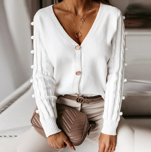 White V-neck button cardigan