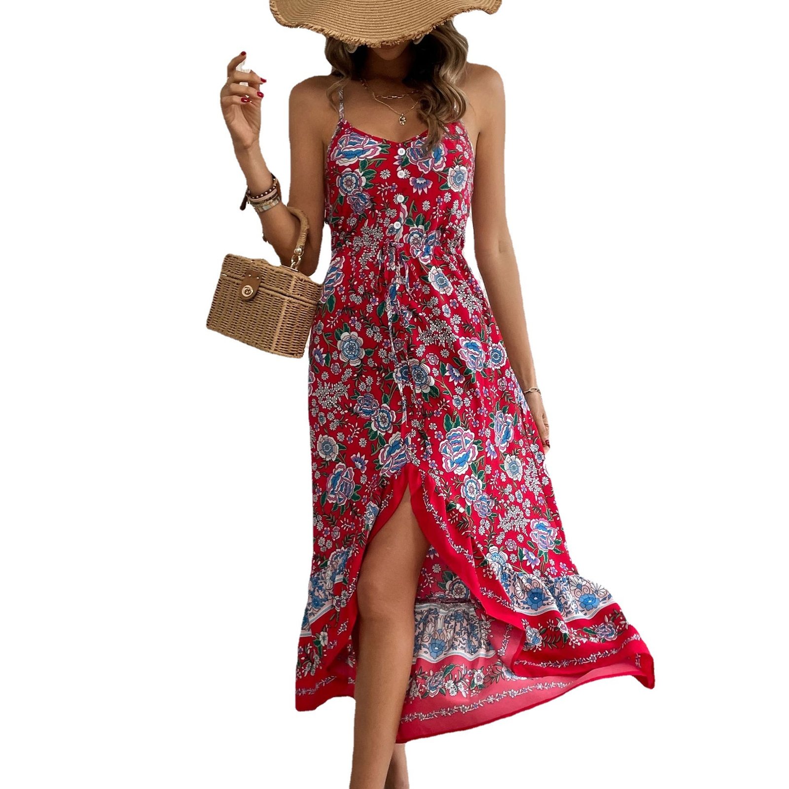 Women’s Wine Floral Strap Dress - Image 3
