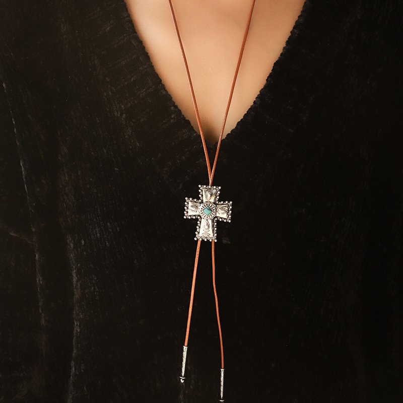 Turquoise-Tone Heart or Cross Bolo Necklace - Image 5