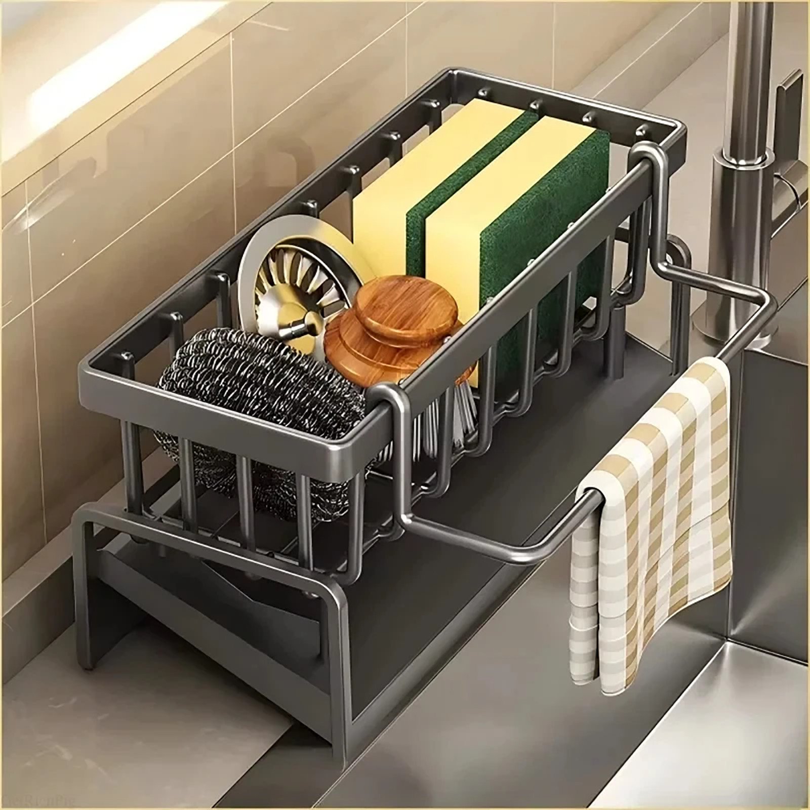 Black Metal Sink Caddy with Towel Bar - Image 3