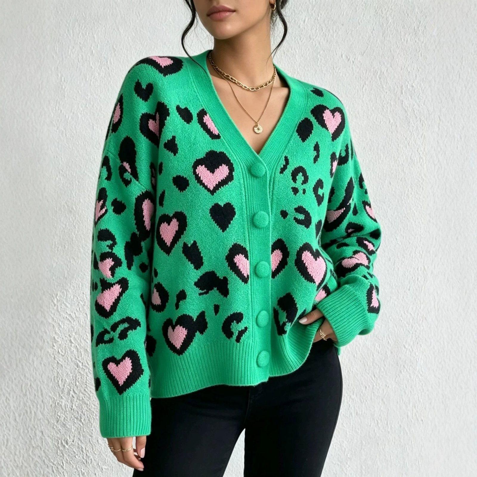 Women’s Heart and Leopard Knit Cardigan