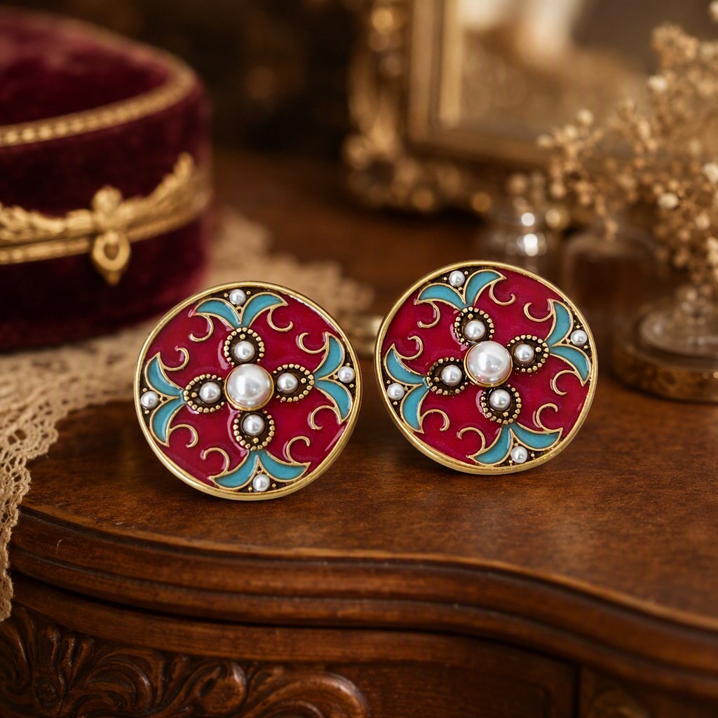 Red and turquoise-tone round enamel stud earrings