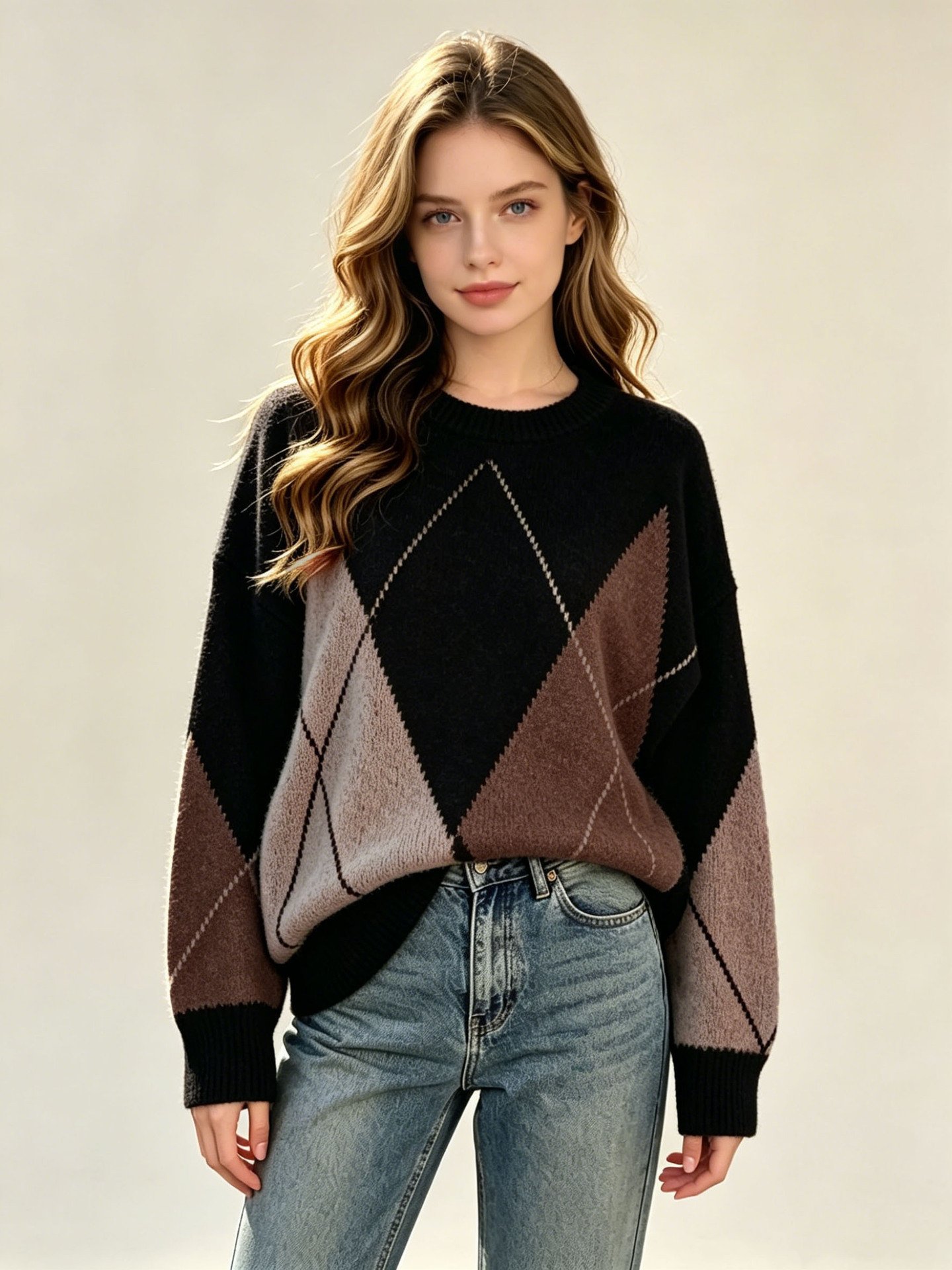 Women’s Relaxed Argyle Knit Sweater - Image 2