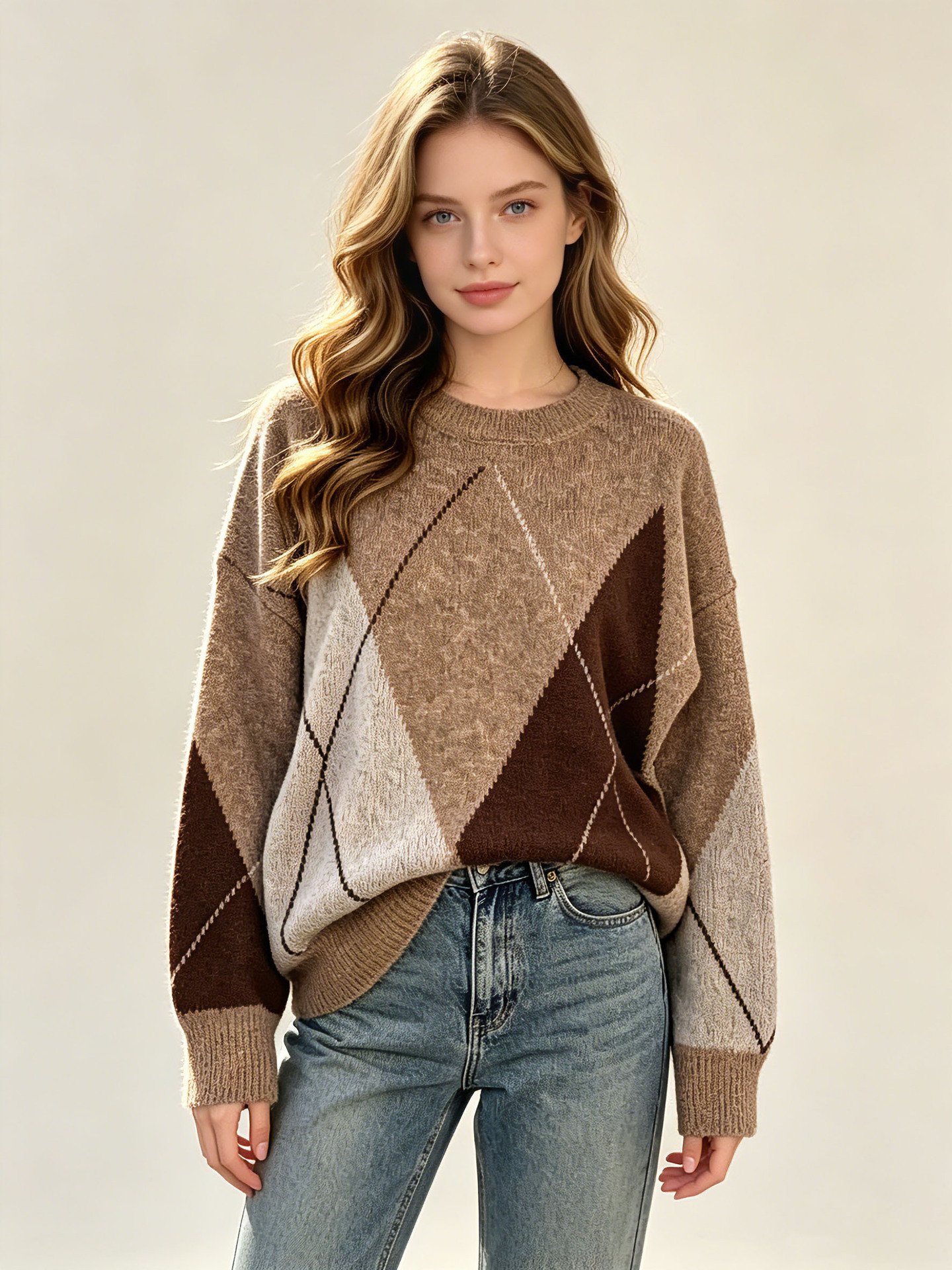 Women’s Relaxed Argyle Knit Sweater - Image 5