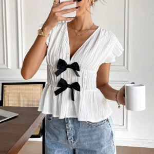 Women’s White Bow-Tie Ruffle Top