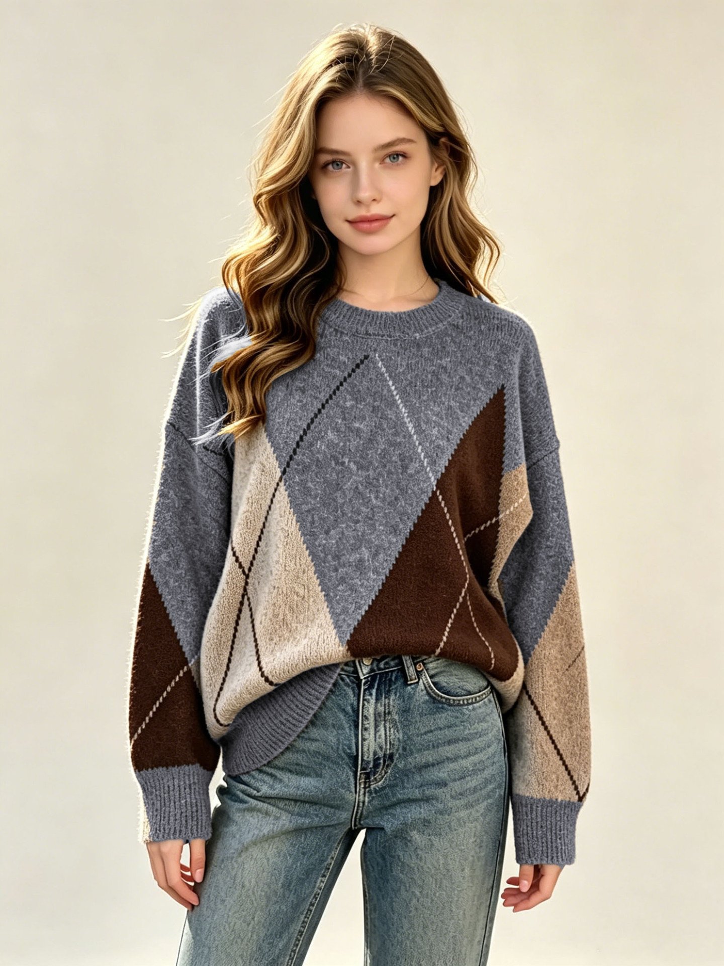 Women’s Relaxed Argyle Knit Sweater - Image 8