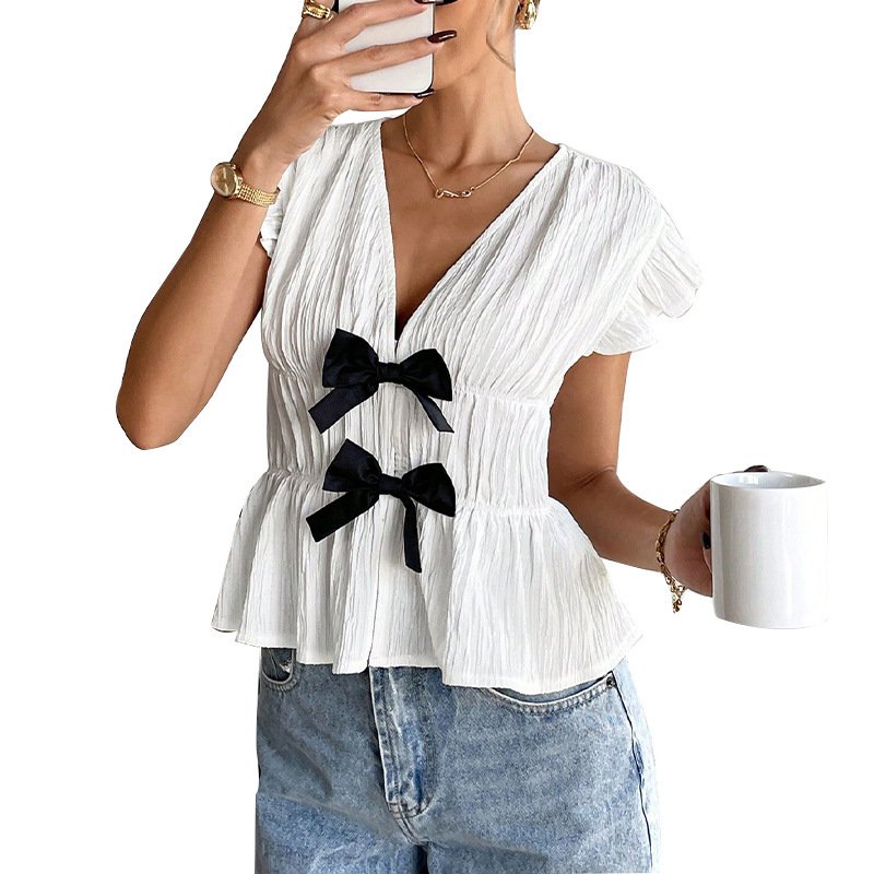 Women’s White Bow-Tie Ruffle Top - Image 2