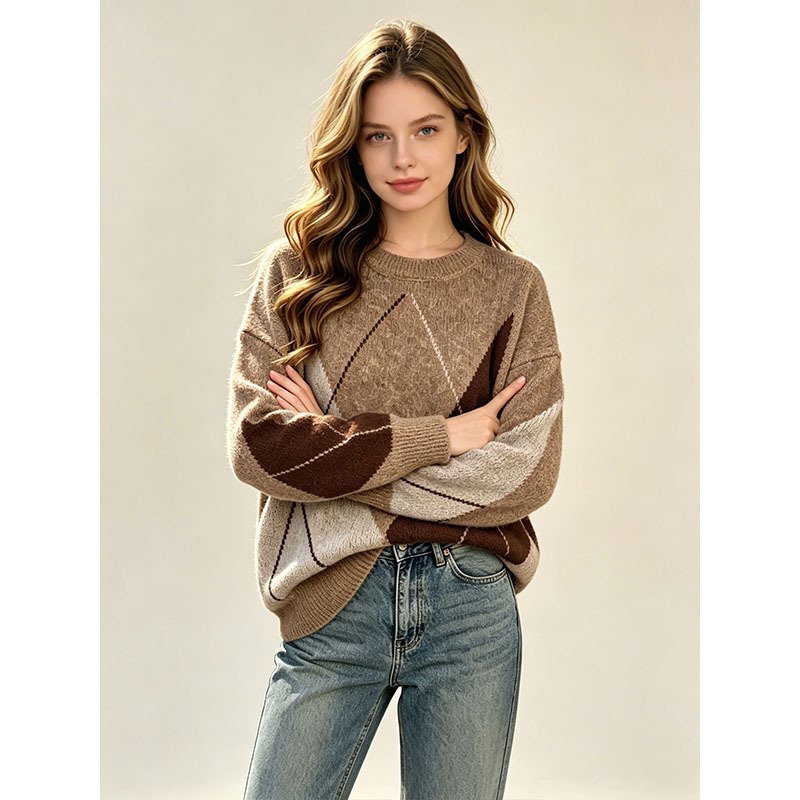 Women’s Relaxed Argyle Knit Sweater - Image 3